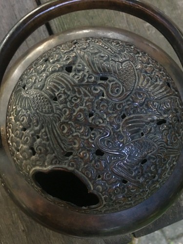Estate Chinese Japanese Copper Brass Hand Warmer Reticulated Pierced Lid Top - Picture 6 of 11
