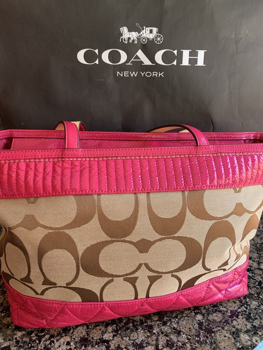 Coach Pink Poppy Gloss Patent Leather/Canvas Shoulder Top