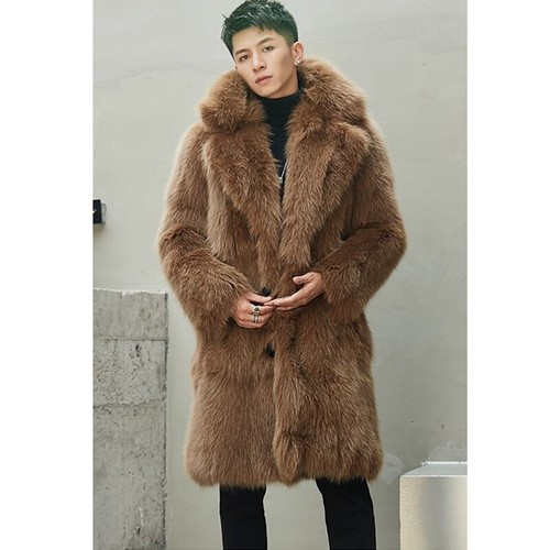 American Style Lapel Collar Fox Fur Mens Faux Fur Overcoat Mid Long Coat Buttons - Picture 2 of 13