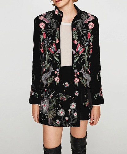A856 ZARA VELVET BLAZER BLACK EMBROIDERED FLORAL KIMONO COAT JACKET MEDIUM - M - Picture 13 of 24