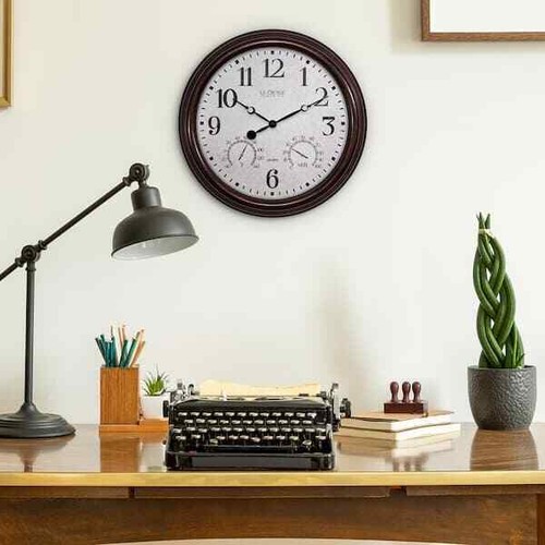 15 in. Brown Large Modern Round Quartz Wall Clock With Thermometer & Hygrometer - Picture 6 of 6