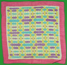 "Linen Pocket Square w/ Lavender, Aqua Yellow Abstract Print w/ Fuchsia Border
