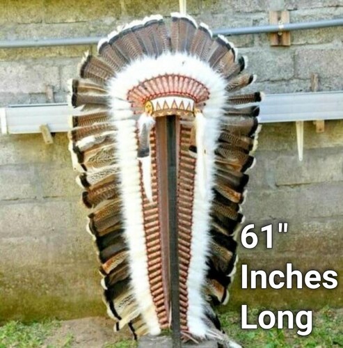 Handmade Indian Turkey Brown Feather Native Warbonnet Replica Headdress 61" long - Picture 1 of 5