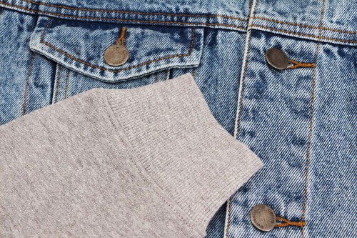 Men's Two Tone Jean And Grey Jersey with Removable Hood Denim Trucker Jacket - Picture 18 of 18