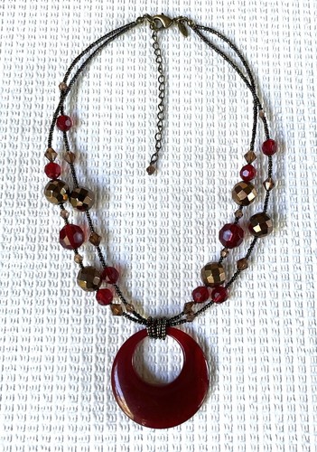 Cinnabar Necklace Red Glass Pendant Circle Disc Chocolate Gold beads Lia Sophia