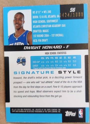 Bowman Signature Edition 2004-05 Dwight Howard #d 424/1000 - Imagen 2 de 2