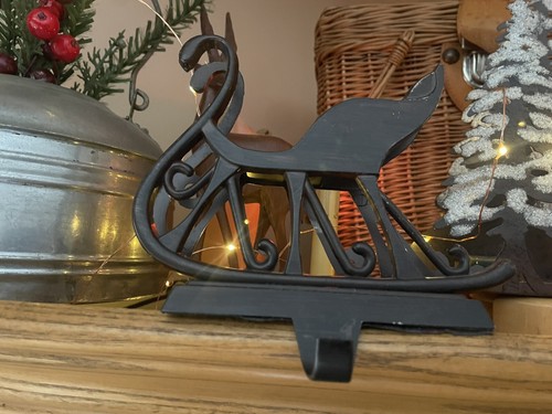 Solid Metal Heavy Bronze Black Brown Old Time Sleigh Christmas Stocking Holder - Picture 2 of 3