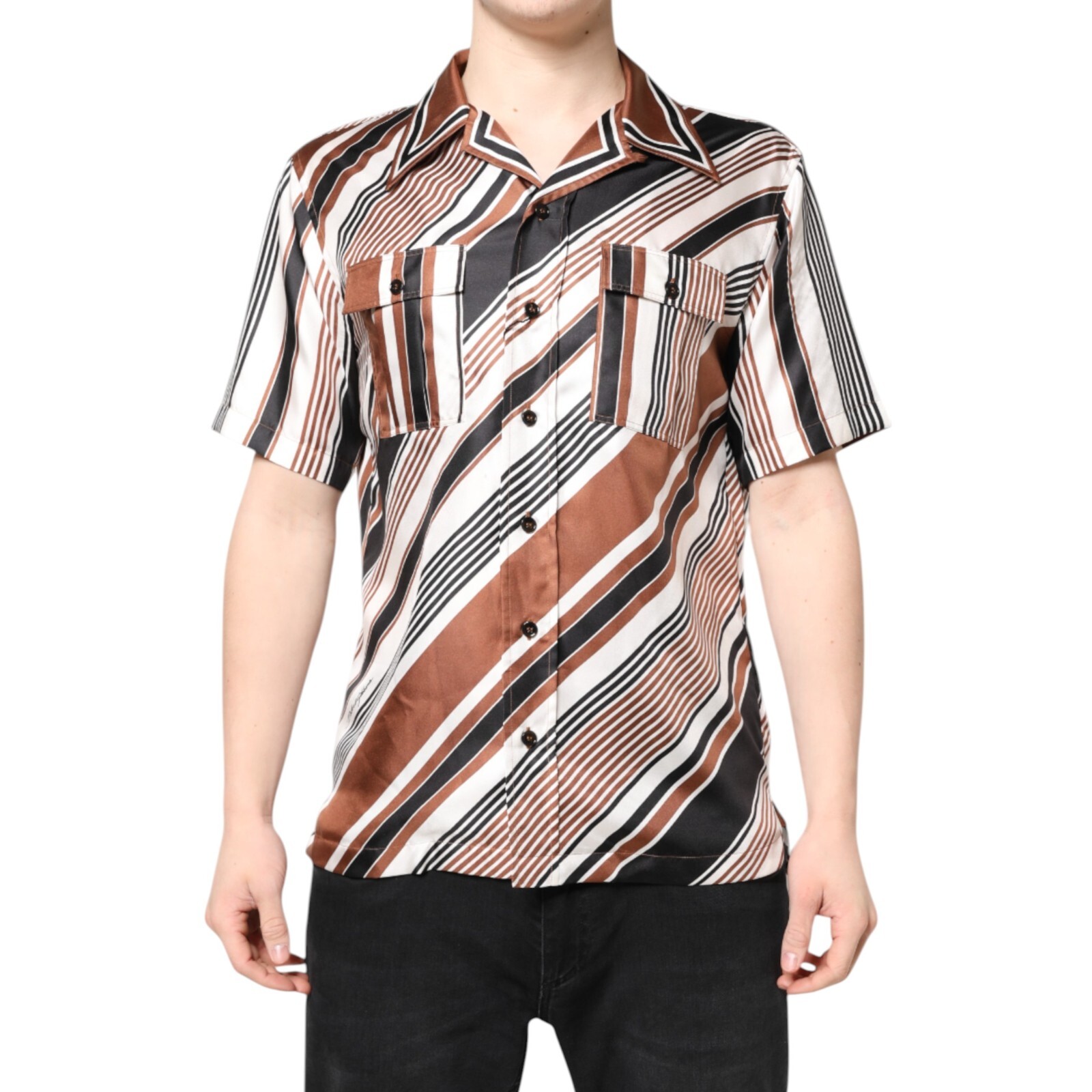 DOLCE & GABBANA Shirt Multicolor Striped Silk Short Sleeves 37/US14.5/XS 1270usd