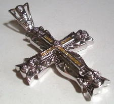 Men's Silver Finish Clear  & Yellow Stone Cross Religious Fashion Hip Hop Charm