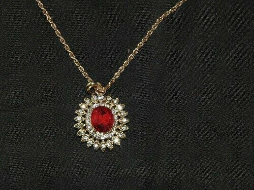 Yellow Gold Filled Ornate Red Crystal Rhinestone Necklace or Ring - Picture 2 of 4