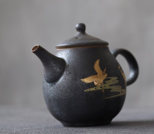 230ml Round Handmade Black Chinese Teapot Ceramic Pottery Golden Crane Design - Foto 3 di 7
