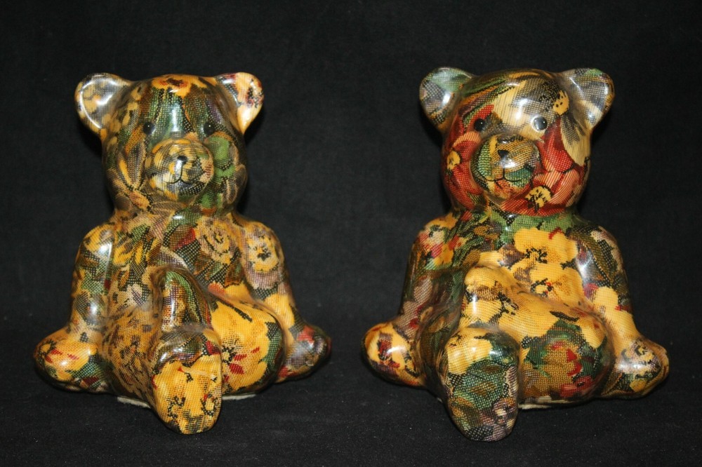 2 Vintage Patchwork Decoupage Lacquer Teddy Bears Doll Figure