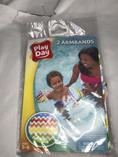 Play Day Inflatable Arm Bands Kids Age 3-6 Rainbow Stripe Swimming Flotation Aid