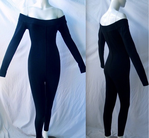 1990's AZZEDiNE ALAiA Off-Shoulder BLACK Rayon Catsuit Jumpsuit -SMALL - Picture 6 of 6