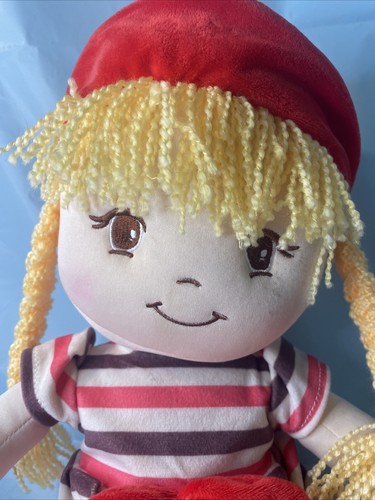 Linzy Toys Doll- Soft Plush 20” Rag Doll Blond Braids Red Striped Dress Flowers - Picture 2 of 5