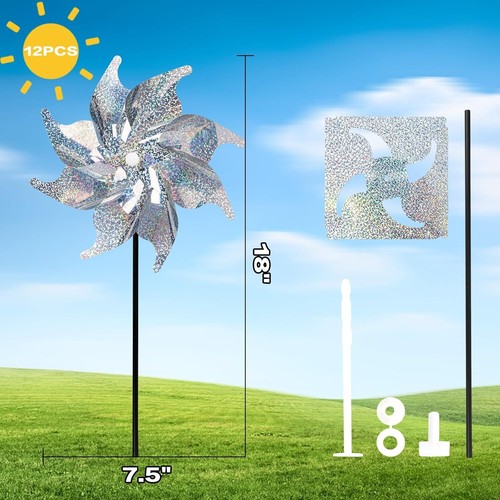 JOHOUSE 12PCS Reflective Pinwheels with Stakes, 7.5inch Bird Deterrent Pinwheels - Picture 2 of 6
