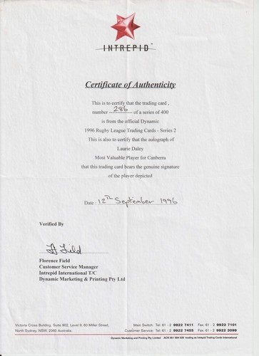 MVP Signature 3 Laurie Daley Canberra Raiders 286/400 - Picture 3 of 3