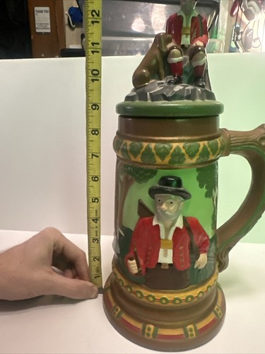 VINTAGE GROSSER HANDGEFERTIGTER HANDBEMALTER BIERKRUG JAGD DEUTSCH 1974 MIT DECKEL - Bild 3 von 4