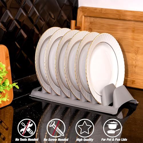 Set of 3 Pot Lid Holder and Plate Dish Rack with 7 Compartments Plastic Pan T... - Picture 5 of 8