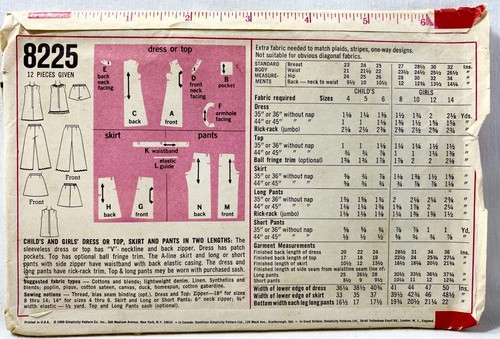 1969 Simplicity Schnittmuster 8225 Mädchen Kleid Oberteil Rock Hose Shorts 4 12935 - Bild 2 von 2