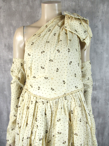 Vintage 50s One Shoulder Gown Party Prom Dress Ivory Gold Metallic Gloves XS/S - Picture 2 of 16