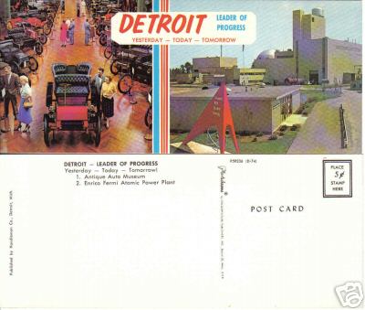 Postal jumbo DETROIT Michigan PLANTA ATÓMICA y Automóviles Antiguos DE COLECCIÓN DÉCADA DE 1960 - Imagen 1 de 1