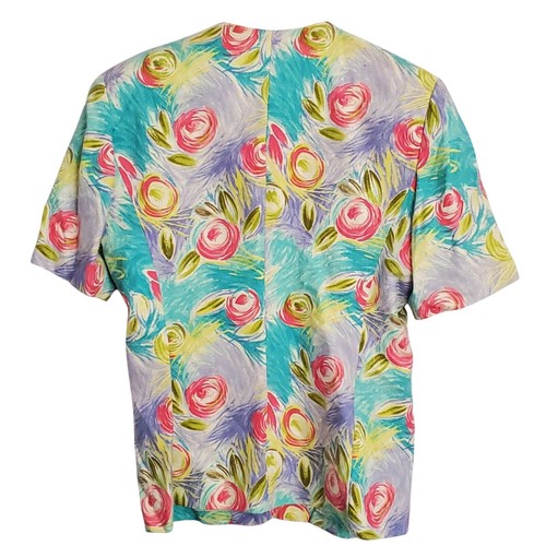 Vintage Silk Blouse Womens Sz 12 Georgiou Blue Yellow 80s Cottage Coquette Retro - Picture 2 of 8
