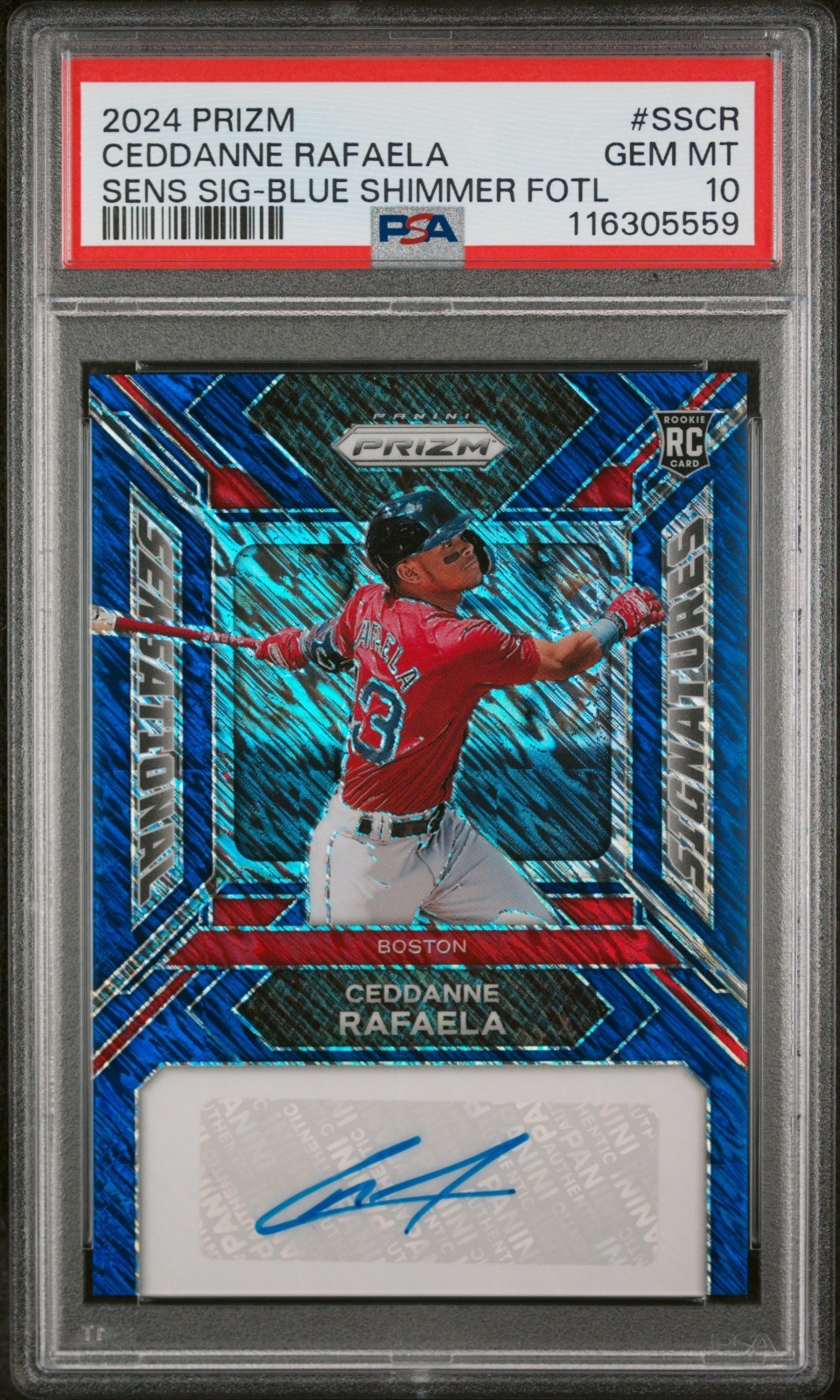 2024 Panini Prizm Ceddanne Rafaela FOTL Blue Shimmer Rookie Auto /8 PSA 10