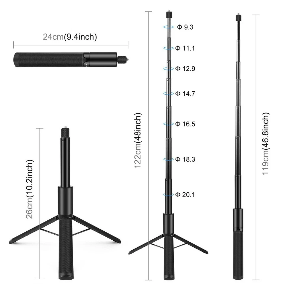 For DJI OSMO 360/Insta360 X5/X4/X3 Camera Extension Selfie Stick Tripod Black - Image 2 of 4