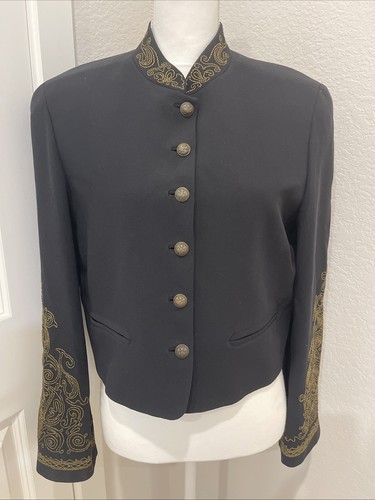 Emanuelle Ungaro Vintage Black Blazer Jacket 8 Gold Embroidered Baroque Military - Picture 2 of 23