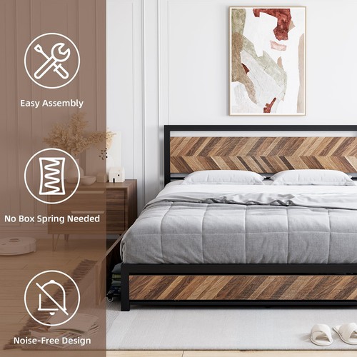 Queen Bed Frame W/4 Storage Drawer Metal Platform Headboard No Box Spring Needed - Picture 4 of 8