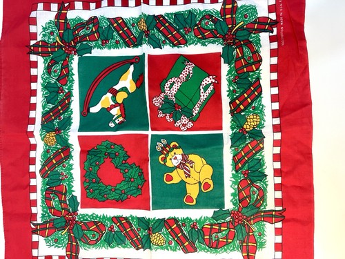 Vintage Weihnachten Urlaub Bandana/Schal 100 % Baumwolle ~ USA Teddybär, Schaukelpferd - Bild 3 von 12