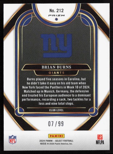 Brian Burns 2024 Panini Select Blue Prizm #212 #/99 - New York Giants - Picture 2 of 2