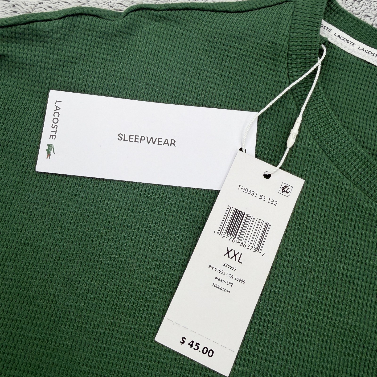 Lacoste Shirt Mens XXL Green Waffle Knit Crocodile Logo Short Sleeve Sleepwear thumbnail 5