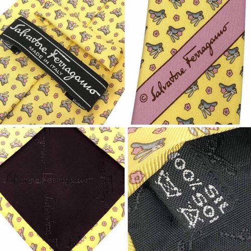 Salvatore Ferragamo Nuevo Corbata Cuello Sin Usar Amarillo Verde Conejo 100% Seda Caja Italia - Imagen 9 de 18