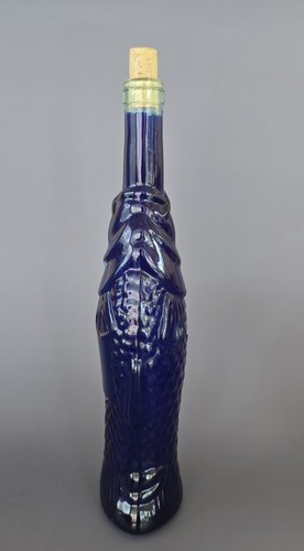 Cobalt Blue Collectable Glass Fish Design Bottle With Stopper 13 Inches - Picture 3 of 6