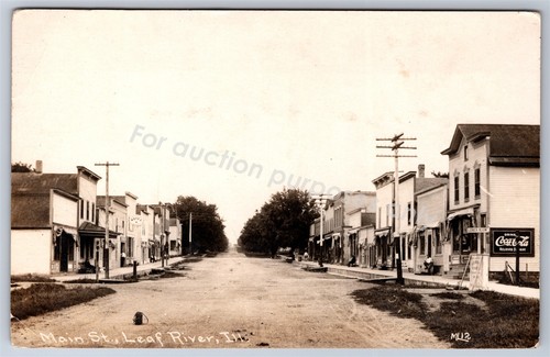 Leaf River, IL: RPPC 1916 Main Street Coca-Cola cartolina fotografica reale vintage Illinois - Foto 1 di 2