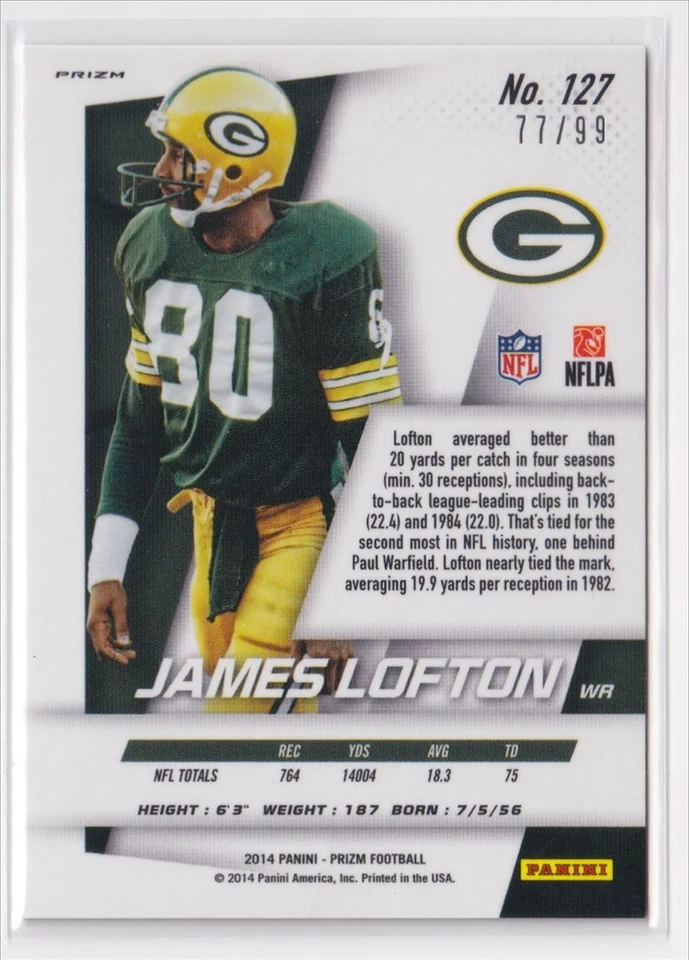 2014 Panini Prizm James Lofton Light Blue Wave /99 #127 Green Bay Packers HOF - Image 2 of 3
