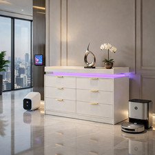 116cm Wide Modern White 6-Drawer Chest of Drawers with LED Lighting & Remote