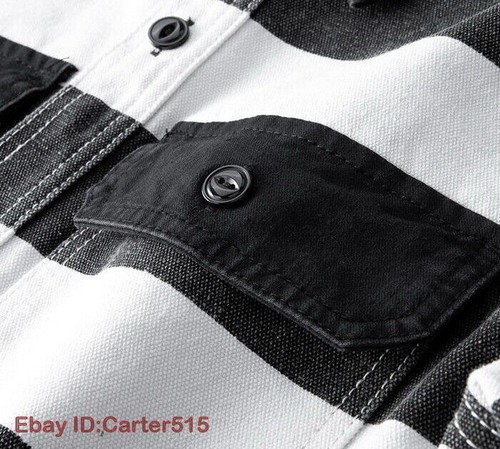 Mens Vintage Style Prisoner Striped Canvas Overshirt Retro Biker Rider Jacket - Picture 10 of 14