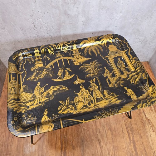 Vintage 1960S Folding Metal Butler Lap Tray Table Black Gold Chinoiserie Retro - Picture 3 of 19