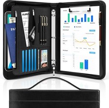 Padfolio Portfolio Organizer Binder with Zipper and Hidden Handle, PU Black