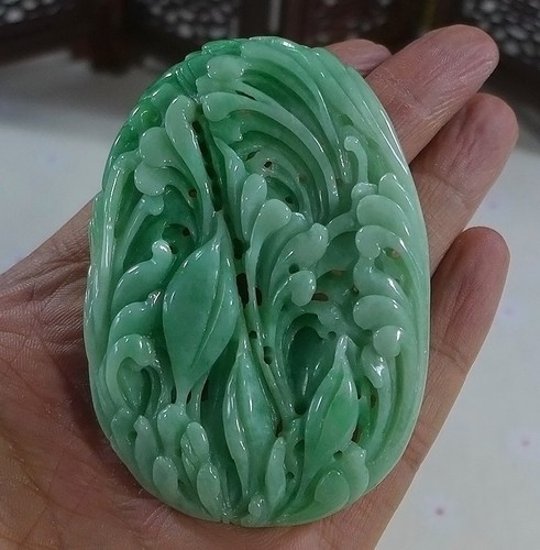 Cert'd Fine Natural Type A Green Jadeite Jade Carp Lotus Flower Pendant 6148 - Picture 4 of 7