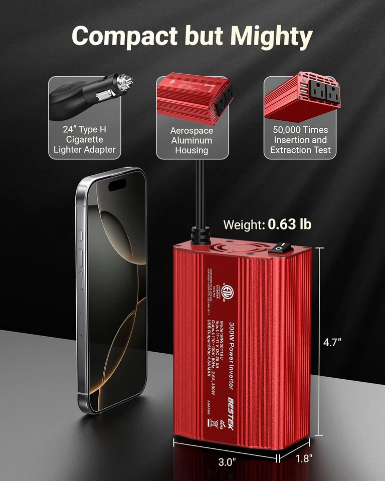 BESTEK Power Inverter DC 12V to AC 110V - 300W Car Plug Adapter Outlet with 4.8A - Image 4 of 4