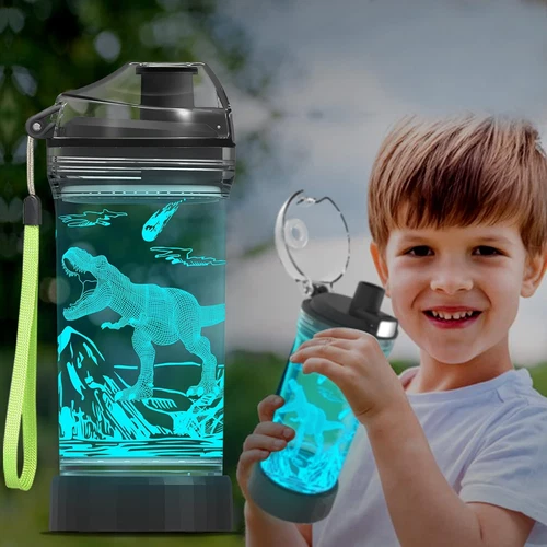 Ammonite Dinosaur Water Bottle for Kids with 3D Glowing LED Light - 14 OZ Tri...