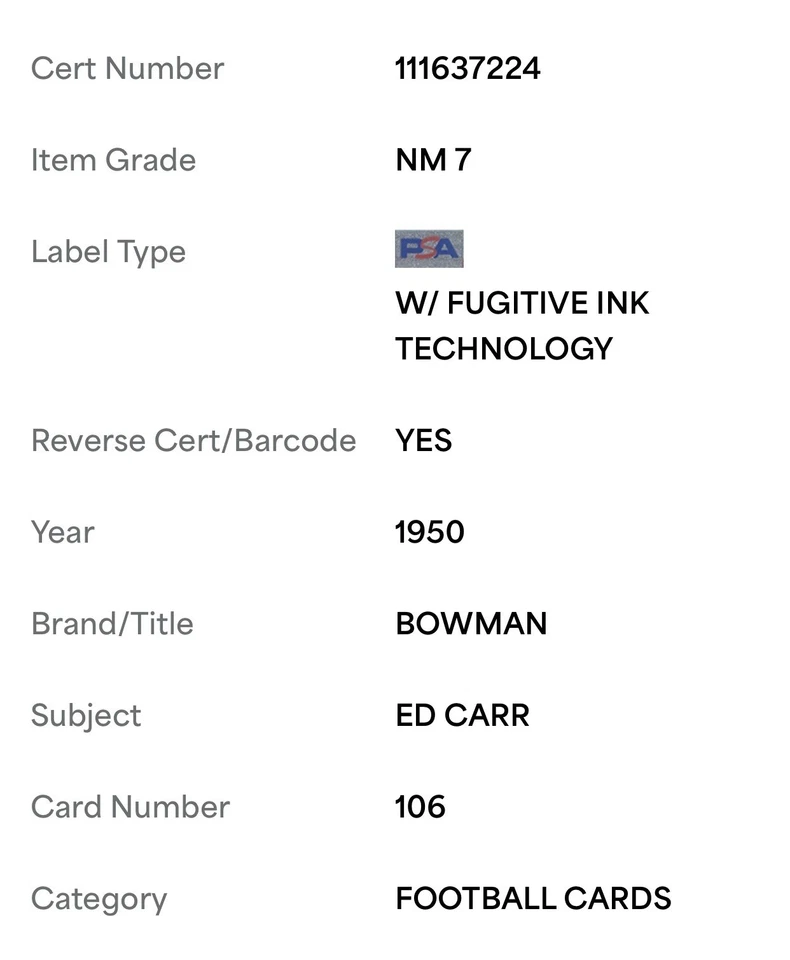 1950 Bowman Football #106 Ed Carr PSA 7 NM Well Centered Great Color Low POP! - Image 3 of 3