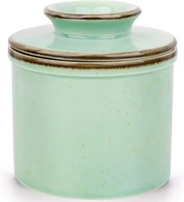 French Butter Dish, Crock for Counter with Water Line, Seafoam Green 