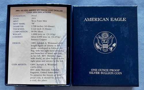 2001 W Proof $1 American Silver Eagle Dollar