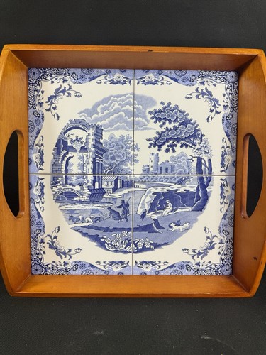 Spode Blue Italian ~14.5” ~Wood Tote Tray with 4 Inserts~Tag on back~Perfect - Picture 3 of 23