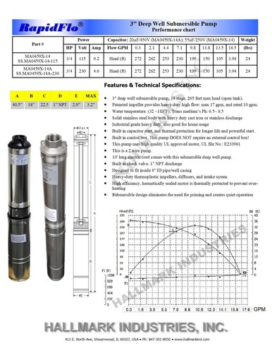 Bomba sumergible de pozo profundo todas las industrias S.S/3.2"/0.75HP/220V/ 13gpm Hallmark - Imagen 3 de 6